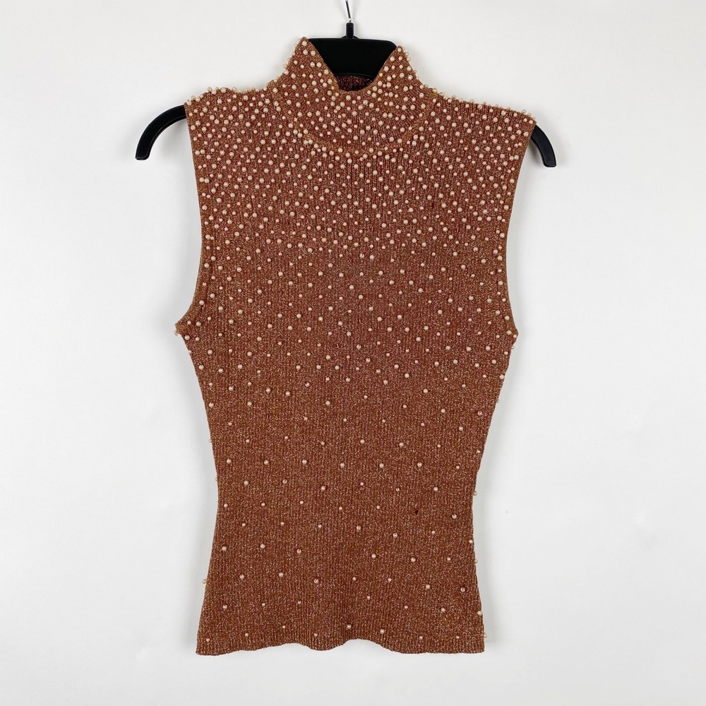 Christine Phillipe Vintage Pearl Metallic Mock Neck Sleeveless Sweater Women L